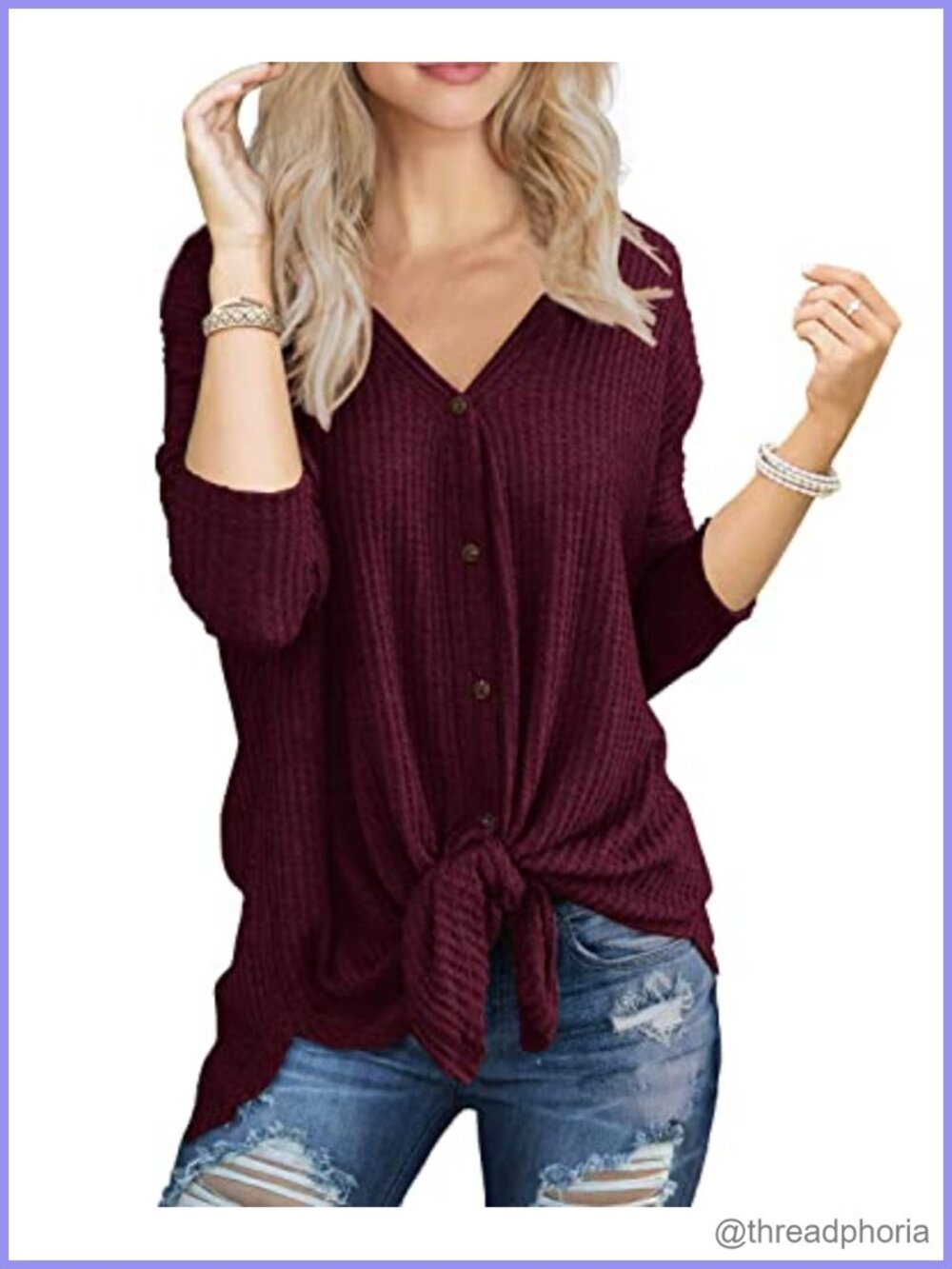 Waffle Knit Henley Button Down Tie Front Tunic Blouse Batwing Long Sleeve